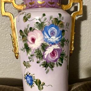 Antique Victorian turn of the century Floral Ceramic Vase with Gold Handles